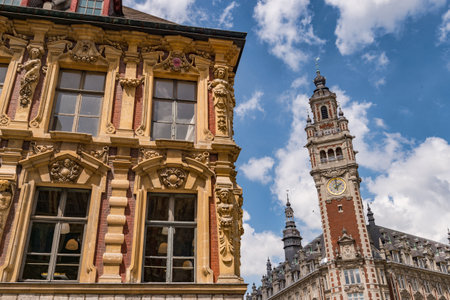 Lille, France - 15 June 2018: Old facade ans Belfry of the Chambre de Commerce.のeditorial素材