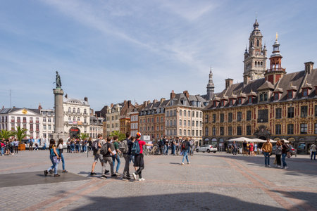 Lille, France - 15 June 2018: People walking in the place du General de Gaulle Square, also called Grand Place or Main Square.のeditorial素材