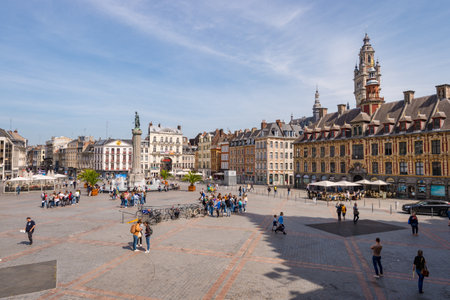 Lille, France - 15 June 2018: People walking in the place du General de Gaulle Square, also called Grand Place or Main Square.のeditorial素材