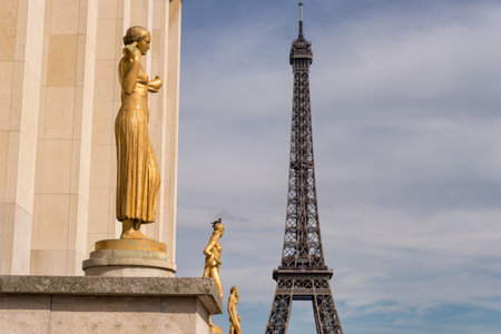 Paris, France - 23 June 2018: Eiffel Tower from Trocadero with golden statues in the foregroundのeditorial素材