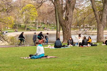 Montreal, CA - 16 May 2020: People gathering in Lafontaine park during Coronavirus pandemicのeditorial素材
