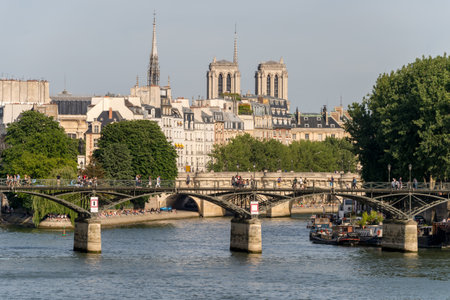Paris, France - 24 June 2018: View of Pont des Arts, Ile de la CitÃ©, and Notre-Dame Cathedral.のeditorial素材