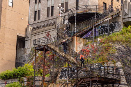 Quebec City, Canada - 4 October 2019: Saint-Roch Garden Stairs (Escalier du Faubourg) on rue de la Couronneのeditorial素材