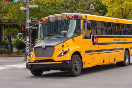 Quebec City, Canada - 5 October 2019: A yellow school bus on Rue de la Couronne.