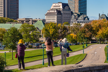 Quebec City, CA - 5 October 2019 - Tourists visiting Quebec City fortificationsのeditorial素材