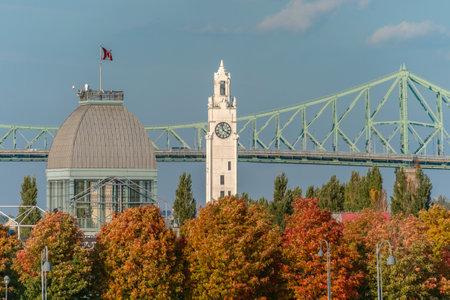 Montreal, Canada - 9 October 2018: Pavillon Bonsecours, Jacques Cartier Bridge and Clock Tower in Autumn.のeditorial素材