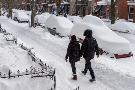 Montreal, CANADA - 13 January 2018: cars are covered with snow during snowstorm in the Plateau neighborhood.のeditorial素材