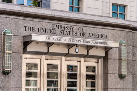 Ottawa, CA - 9 October 2019: Facade of the Embassy of the United States of Americaのeditorial素材