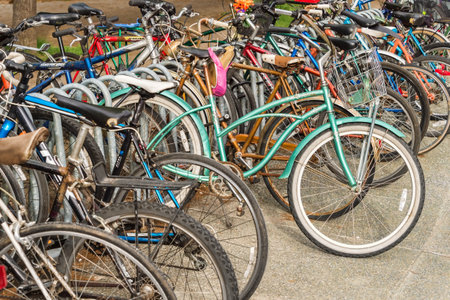 Montreal, Canada - 03 June 2017: Close up of parked bicycles at Place GÃ©rald-Godinのeditorial素材