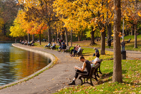 Montreal, CA - 23 October 2020: People enjoying a warm and sunny day at La Fontaine Park in the Autumn seasonのeditorial素材