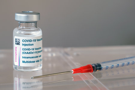 Montreal, CA - 1 March 2021: Vial of Astrazeneca Covid-19 vaccine and syringeのeditorial素材