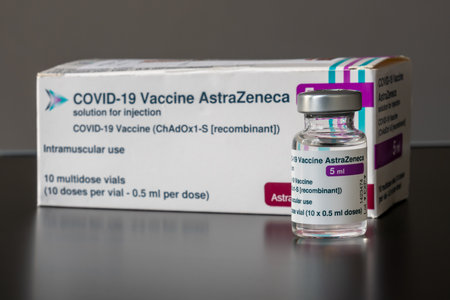 Montreal, CA - 23 March 2021: Vial of Astrazeneca Covid-19 vaccine in front of vaccine boxのeditorial素材