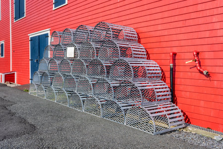 Lunenburg, Nova Scotia, Canada - 12 August 2021: Lobster traps at the harbourfrontのeditorial素材