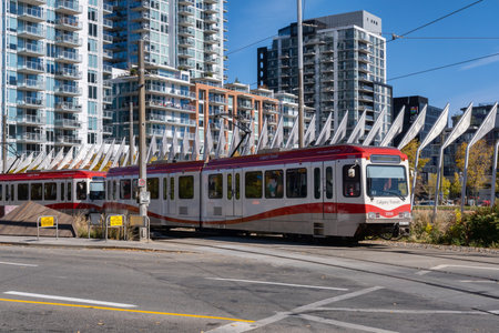 Calgary, Alberta, Canada - 27 September 2021: Calgary Transit tram in downtown Calgary