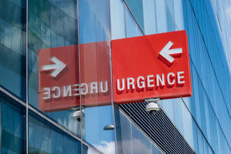 Urgence (Emergency in french) sign on the facade of a hospital in Montreal, Canadaの写真素材