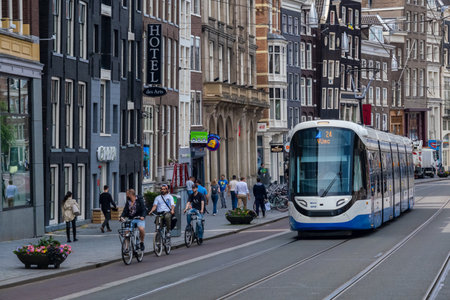 Amsterdam, The Netherlands - 21 June 2022: GVB Tram on Rokin streetのeditorial素材