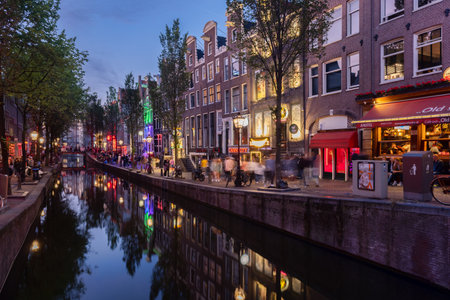 Amsterdam, Netherlands - 21 June 2022: De Wallen Red LIght District at nightのeditorial素材