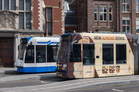 Amsterdam, The Netherlands - 21 June 2022: GVB Trams at Centraal Station squareのeditorial素材