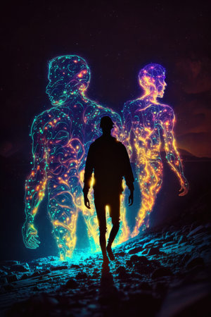 Silhouettes of strange humans at night, Psychedelic trips, futuristic humanity - Generative AIの素材