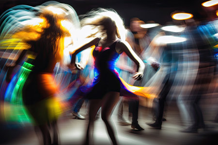 Illustration of a group of people dancing, with motion blur - AI generatedの素材