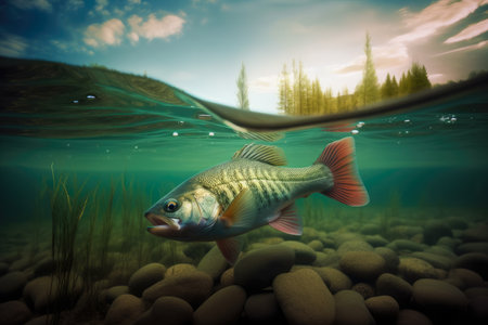 Fish swimming under water, with landscape above the surface - Generative AIの素材