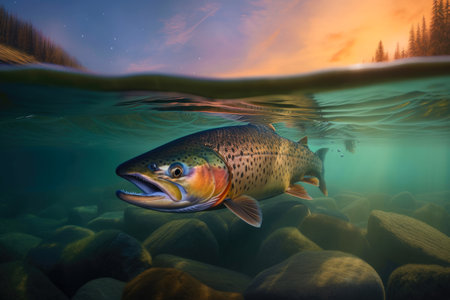 Salmon swimming under water, with landscape above the surface - Generative AIの素材
