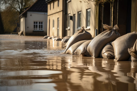 Close shot of flood Protection Sandbags with flooded homes in the background- Generative AIの素材