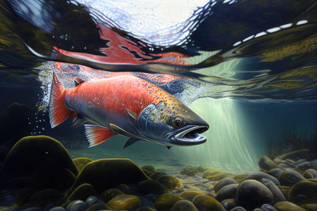 Salmon swimming under water, with landscape above the surface - Generative AIの素材