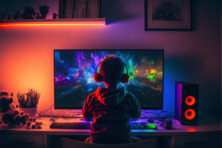 Illustration of a young boy playing videogames - Generative AIの素材