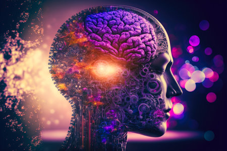 Human head made of cogs and circuits, concept image for artifical intelligence - Generative AIの素材