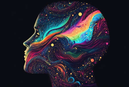 Illustration of visions during a psychedelic trip. Profile of a human head with waves of colors. Generative AIの素材
