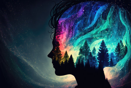 Illustration of a psychedelic journey, head with colorful waves - Generative AIの素材