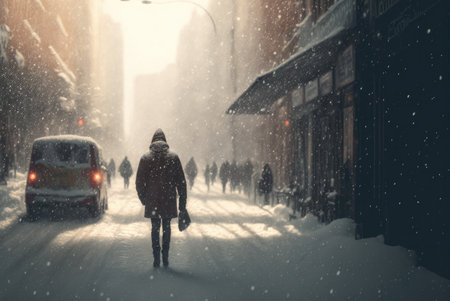 Illustration of a wiinter urban scene, man walking on the street during snowstorm - Generative AIの素材