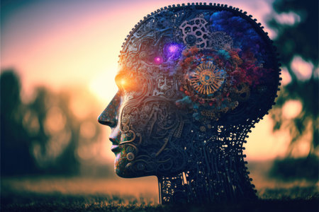 Human head made of cogs and circuits, concept image for artifical intelligence - Generative AIの素材