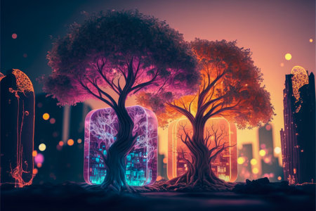 Cybernetic trees with organic and mechanical parts - Generative AIの素材