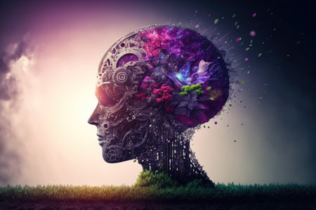 Human head made of cogs and circuits, concept image for artifical intelligence - Generative AIの素材