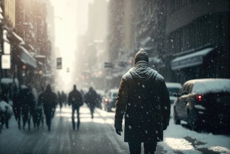 Illustration of a wiinter urban scene, man walking on the street during snowstorm - Generative AIの素材