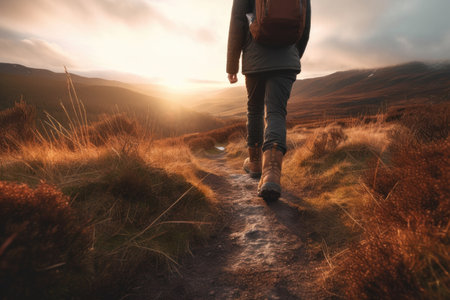 Man walking in hiking boots at unset on a hiking trail. AI Generatedの素材