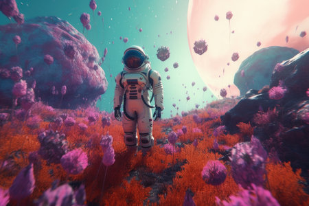 An astronaut strolls through a field full of colorful flowers - Generative AIの素材
