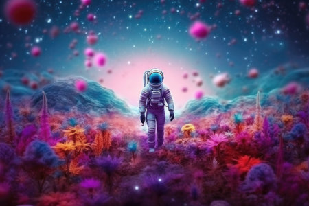 An astronaut strolls through a field full of colorful flowers - Generative AIの素材
