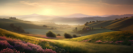 Beautiful panoramic landscape of a green hills with spring flowers - Generative AIの素材