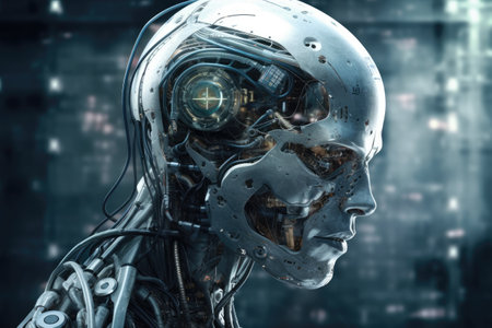 Human head made of cogs and circuits, concept image for artifical intelligence - Generative AIの素材