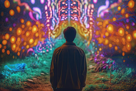 Illustration of visions during a psychedelic trip with colorful landscape - Generative AI - Generative AIの素材