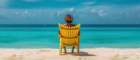Woman alone in lounger on a tropical beach in the Caribbean - Generative AIの素材
