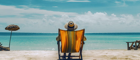 Man alone in lounger on a tropical beach in the Caribbean - Generative AIの素材