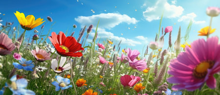 Panoramic view of spring wild flowers in a meadow - Generative AIの素材