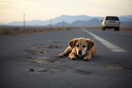 A sad and abandoned dog is waiting on the road, as a car drives away - Generative AIの素材