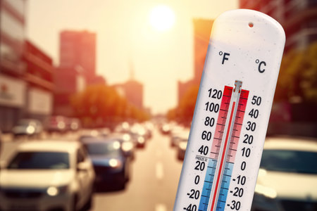Thermometer in front of cars and traffic during heatwave