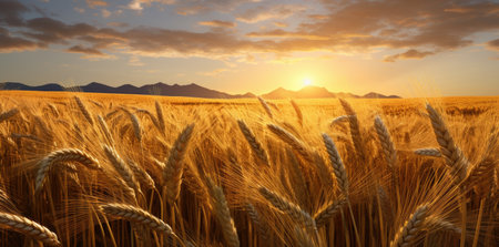Close-up of wheat ears against a wheat field at sunset - Generative AIの素材