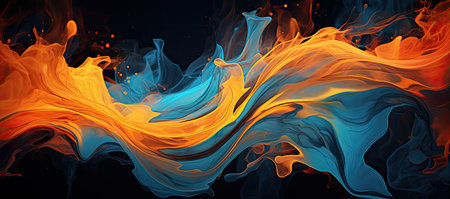 Orange and blue paint on a black background, in the style of flowing forms, ethereal illustrations - Generative AIの素材